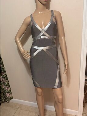 Bebe Silver and Gray Bandage Bodycon Mini Dress